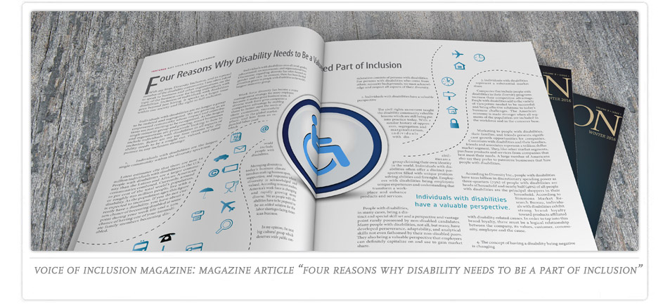 Voice Of Inclusion magazine article, layout by Kyle Carasso
